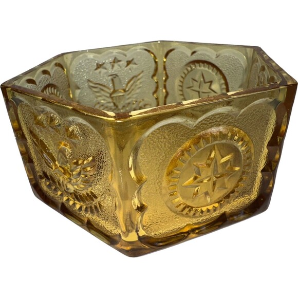 Indiana Glass Tiara Colonial Eagle & Star Hexagonal Candy Dish Amber - Picture 2 of 10